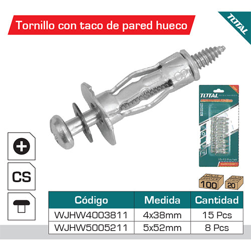 15/pza Taco pared hueca 4x38mm con tornillo 4.0 x 44 mm. Galvanizado