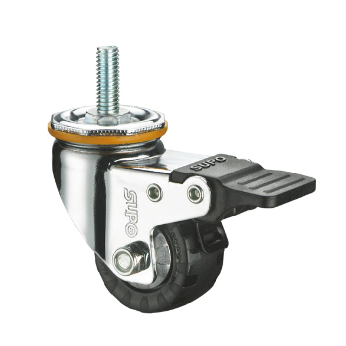 Rueda girat  freno barra roscada M12x25 Serie trab mediano 100mm 4" Capaci 130Kg Poliuretano negr