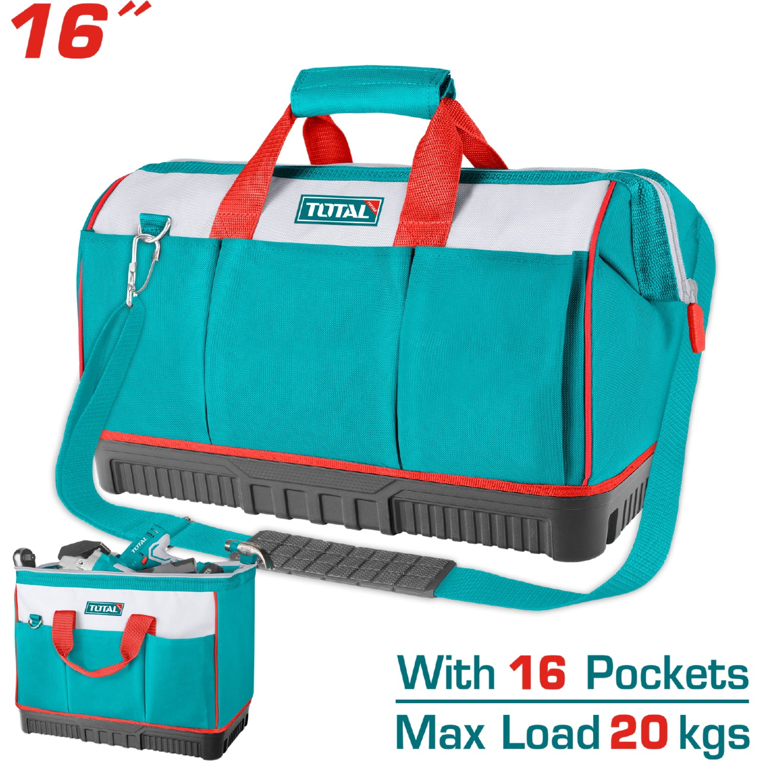 Caja de Herramientas Bolso Maletín TOTAL de 16" capacidad 20Kg. 16 Bolsillos.