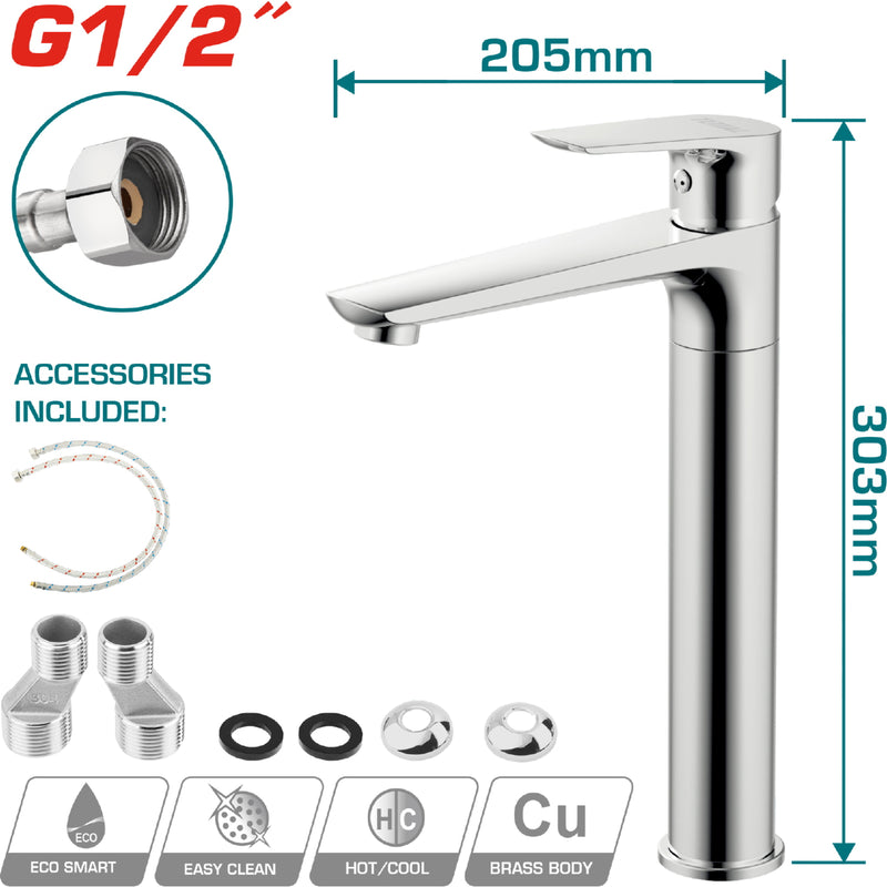 Grifo de Lavamanos con mezclador de 1 mando. Altura del caño: 224 mm. Altura total: 303 mm.