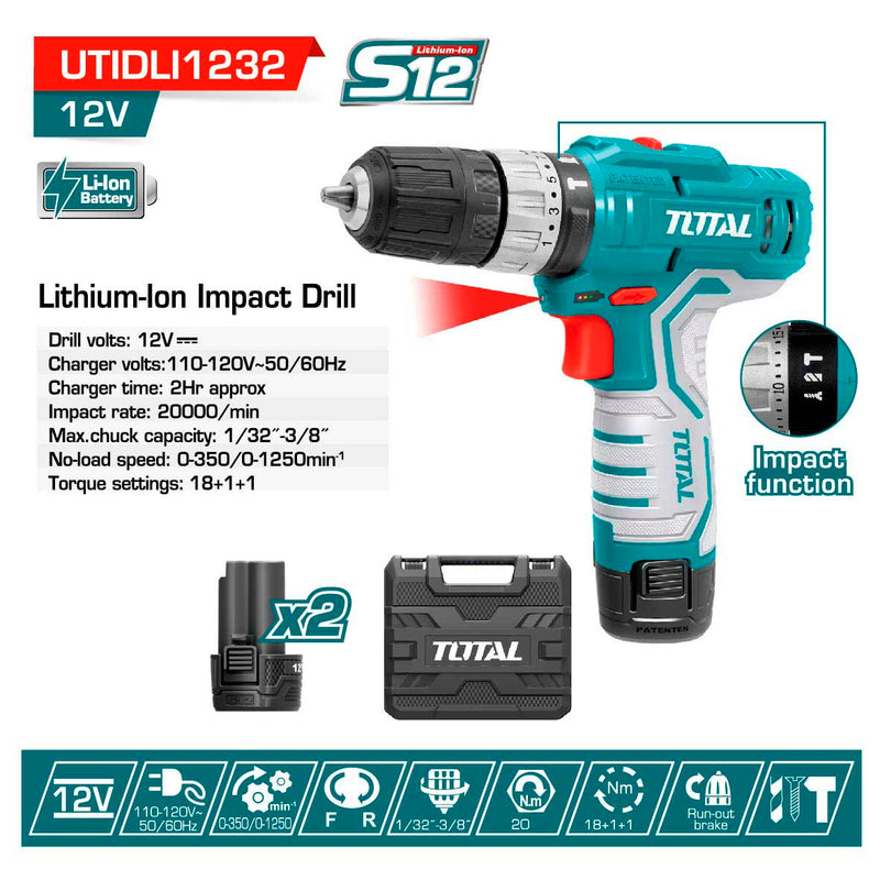 Taladro de impacto inalámbrico de 12V 3/8"