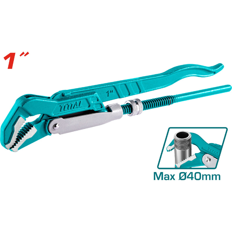 Llave de tubo sueca de trabajo pesado de 45°. Tamaño 1". Diámetro máximo de agarre: 40 mm.