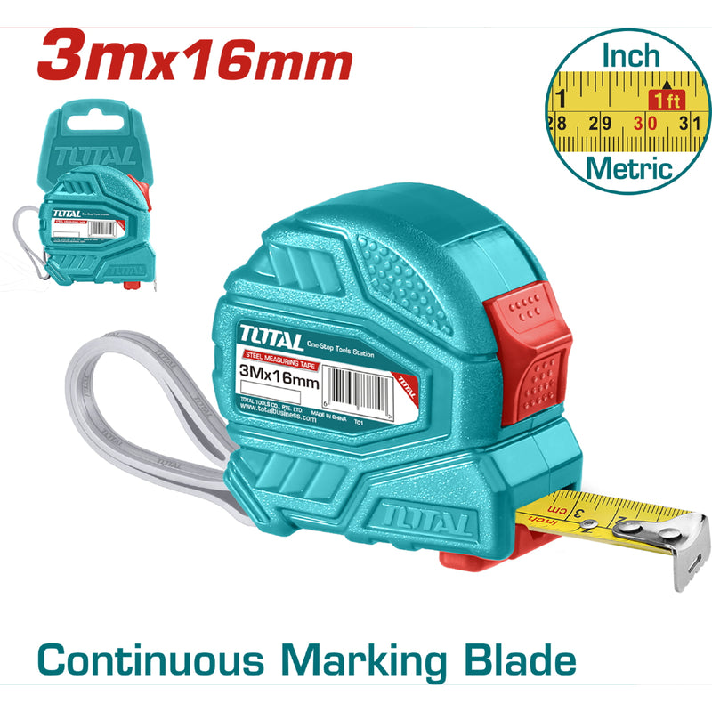 Cinta Metrica de Acero de 3 m. Ancho 16 mm. En Métros y Pulgadas. Doble botón. Material de Cubierta