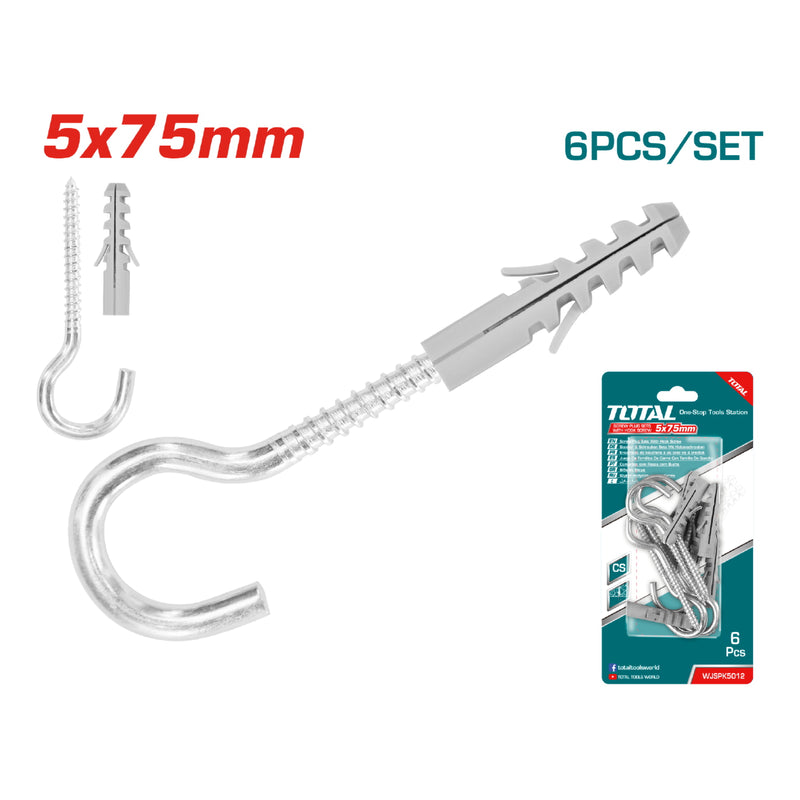 6 pza/ Juego tornillo de gancho  5mm  y taco 8x40 mm. Galvanizado.
