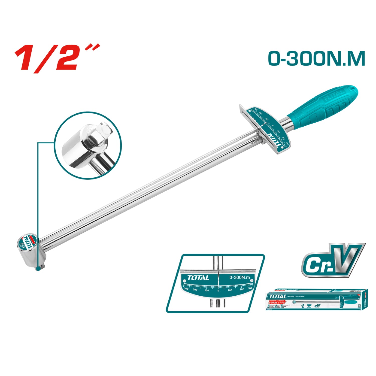 Torquimetro de 1/2". CR-V Rango de Torque: 0-300 Nm. Cromado de Tratamiento Termico.