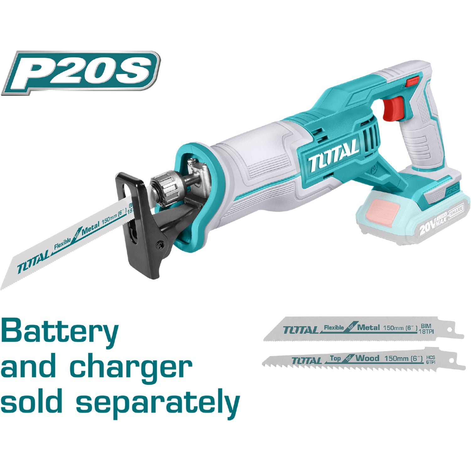 Sierra sable reciproca a bateria 20V. Velocidad 0-2800/min. Capacidad e corte 8 mm metal 115 mm mad