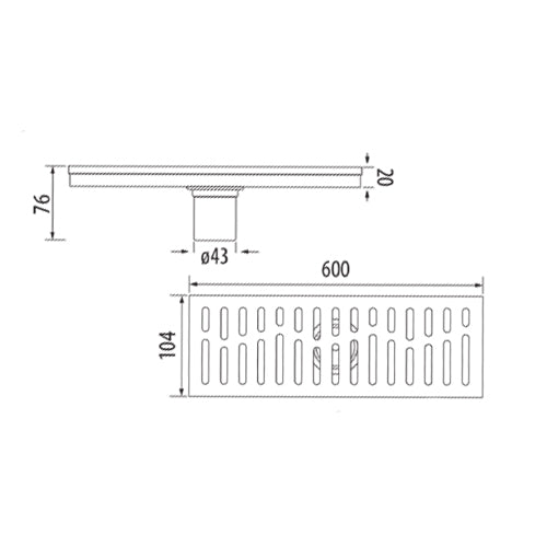 Desague Drenaje de piso rectangular grande de 600x104 mm de lujo. Inox 304 satinado. Drenaje 43mm