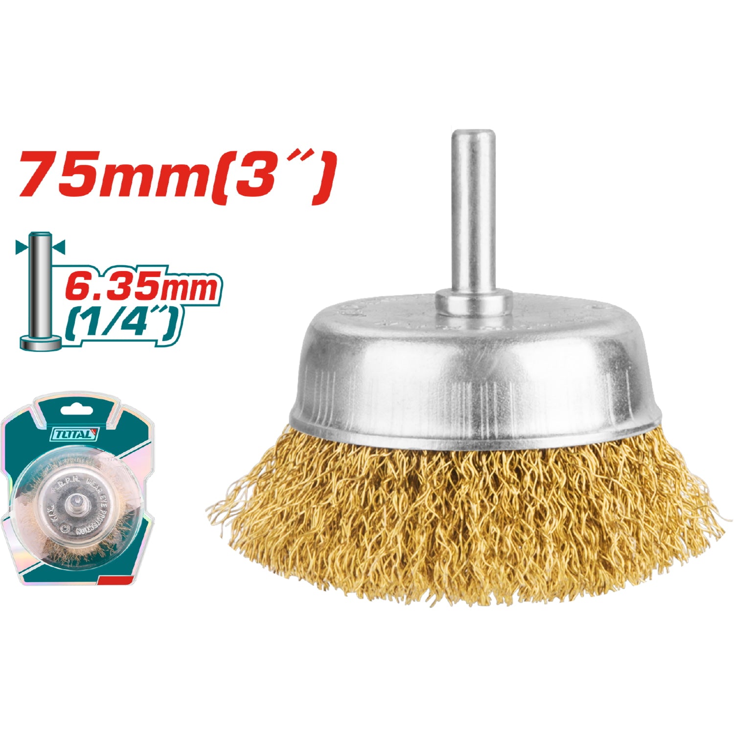 Cepillo de alambre de copa circular con vastago de 75mm. Para taladro. Diámetro del vastago: 6.35 mm