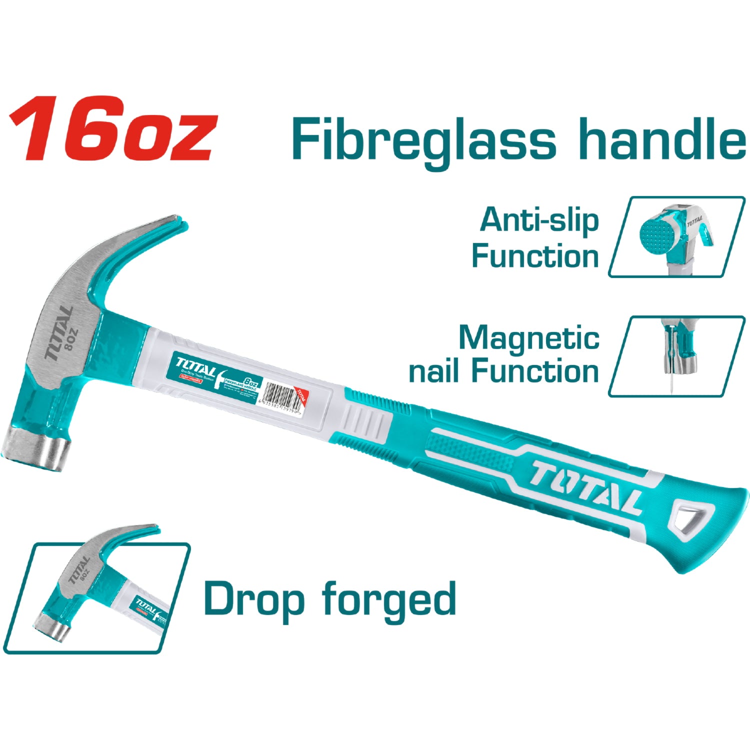 Martillo de Orejas de Acero #45 al Carbono Forjado de 16oz/450g.Tratamiento térmico. Mango de fibra