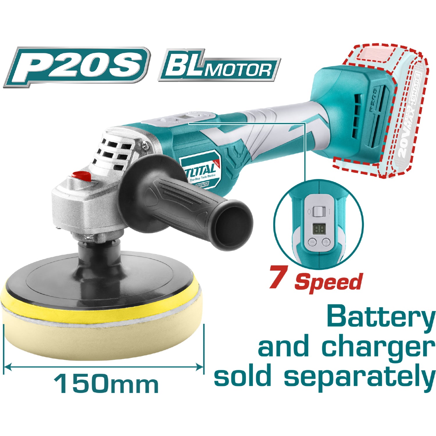 Pulidora de Felpa de Bateria Lithium-Ion de 6"(150mm).20 V.No IncluyeB/C.Rosca TipoM14.