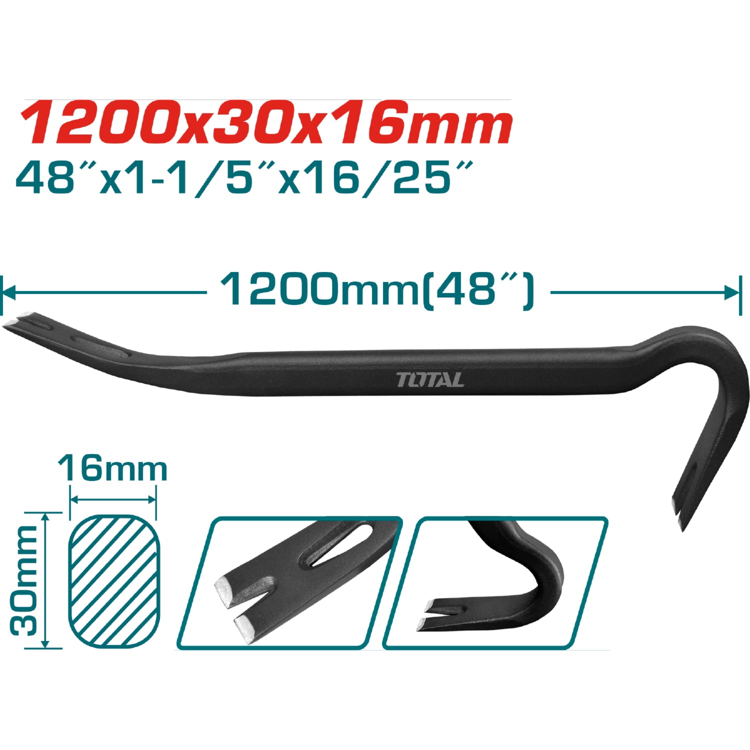 Pata de Cabra de 48"(1200mm) X 1-1/8"(29mm) X 19/32"(15.0mm). Mango Ovalado con Muesca （30°，68°).