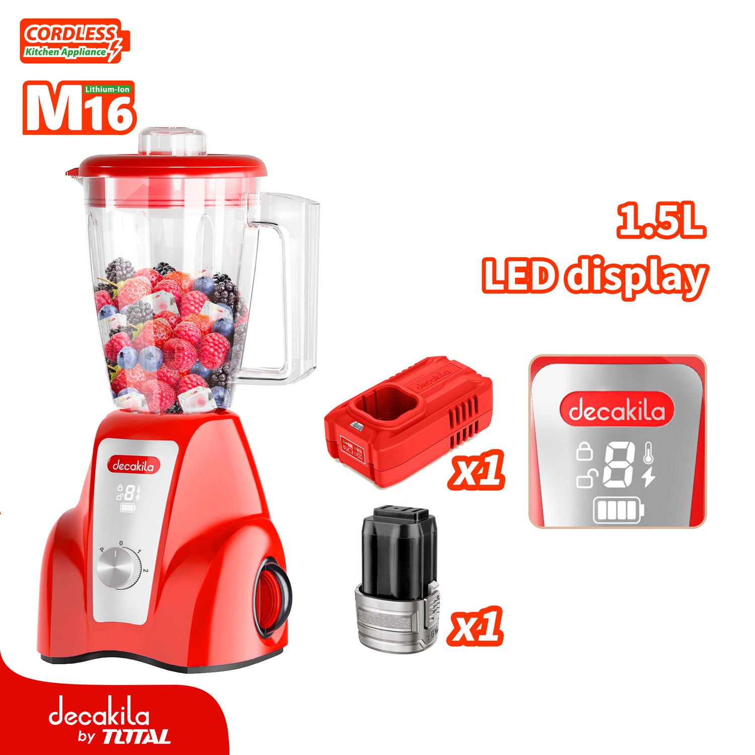 Licuadora Inalámbrica Roja 1.5L 300W 16V 2 Velocidades. Incluye Batería y cargador.