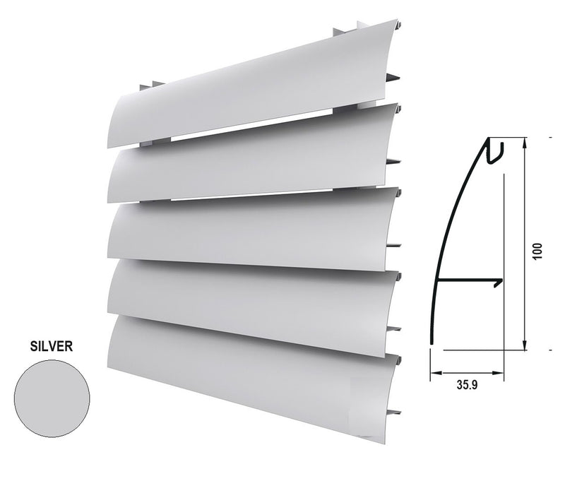 Lama Louver Curva Silver para clipar en marco U127 Ancho 100x35x1mm 5.85m long.
