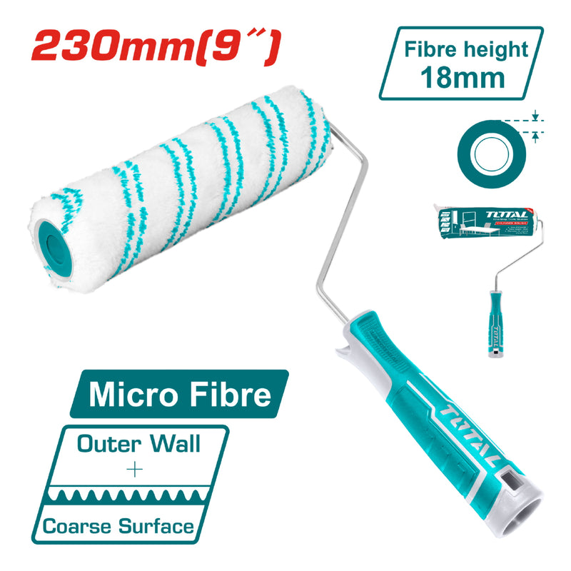 Rodillo de pintar de microfibra, medida 230mm (9"). Espesor 18mm. Diámetro 8mm.