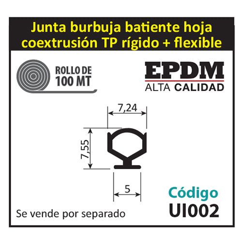 Junta burbuja de coextrusion de PVC + EPDM alta calidad. Se vende rollo de 150 mts. Color negro.