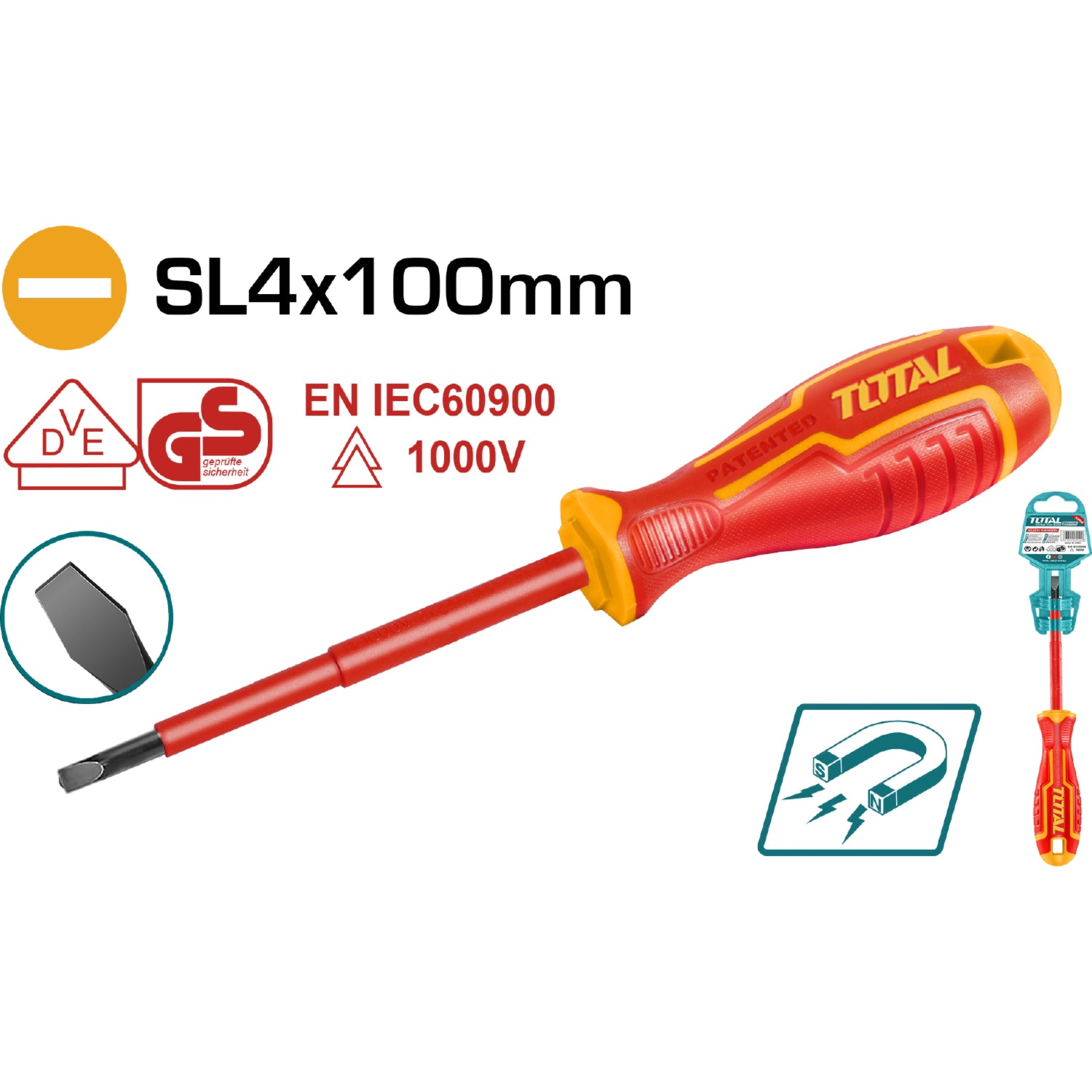 Destornillador insulado de paleta 4.0 mm. Largo 100 mm. Cr-V. 1000volts. Certificado VDE