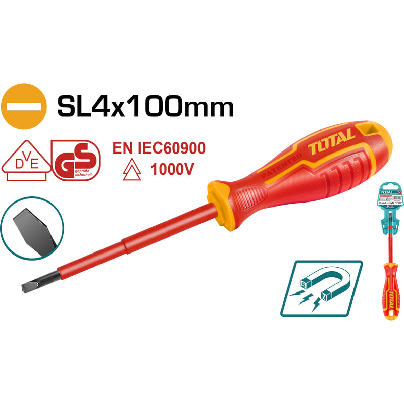 Destornillador insulado de paleta 4.0 mm. Largo 100 mm. Cr-V. 1000volts. Certificado VDE