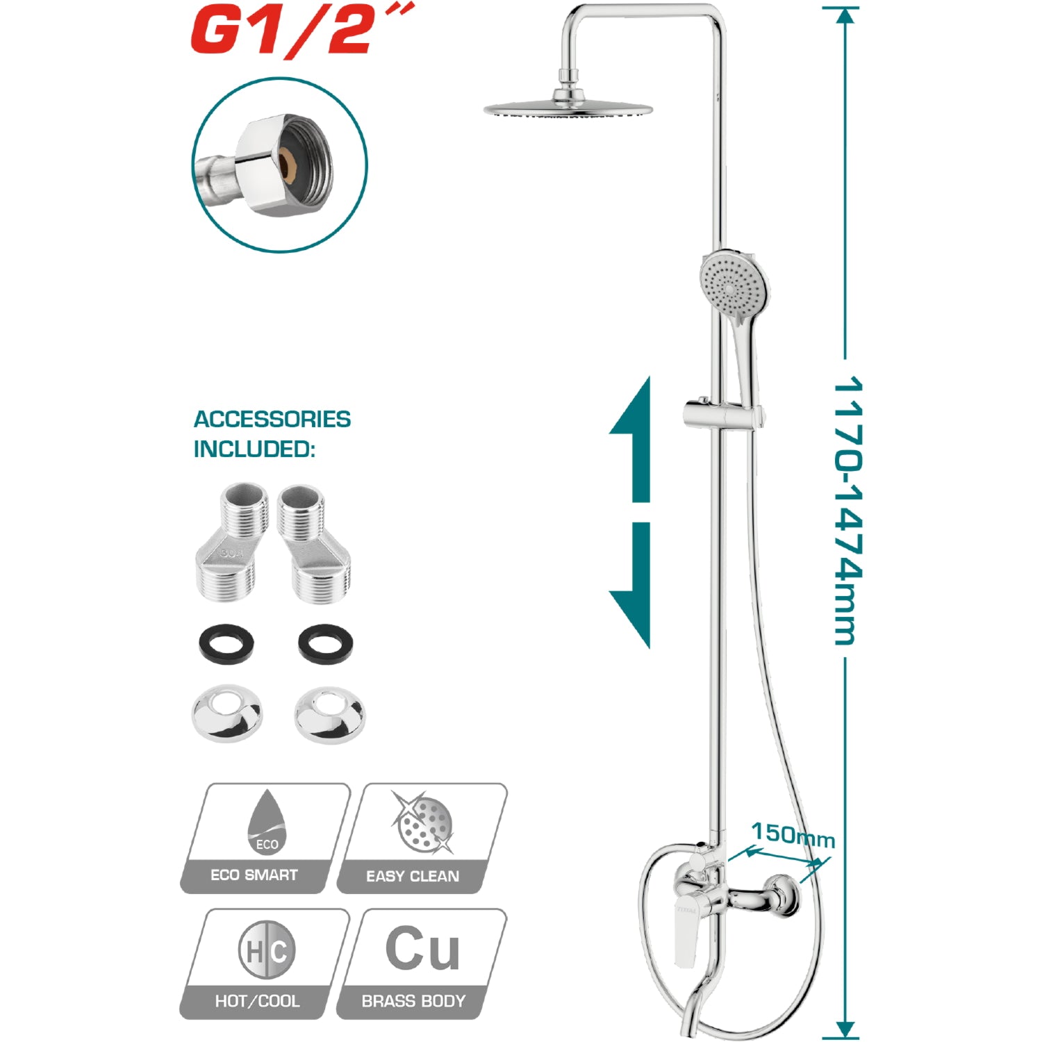 Ducha REGADERA de pared columna Bañera con mezclador de 1 mando. Tamaño del grifo: 150 x 192 mm
