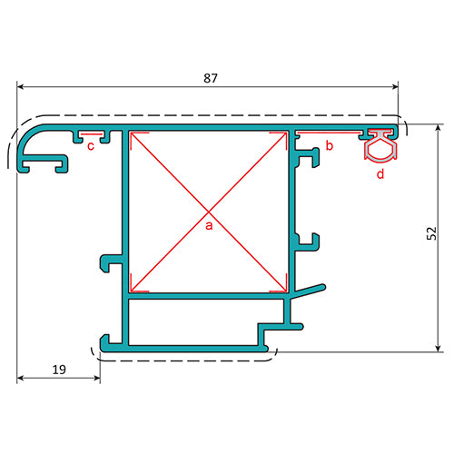 Hoja Puerta Abatible 52x87 mm Apertura Exterior. Espesor 1.5 mm. Largo 5.85 mts. Acabado Anodizado N