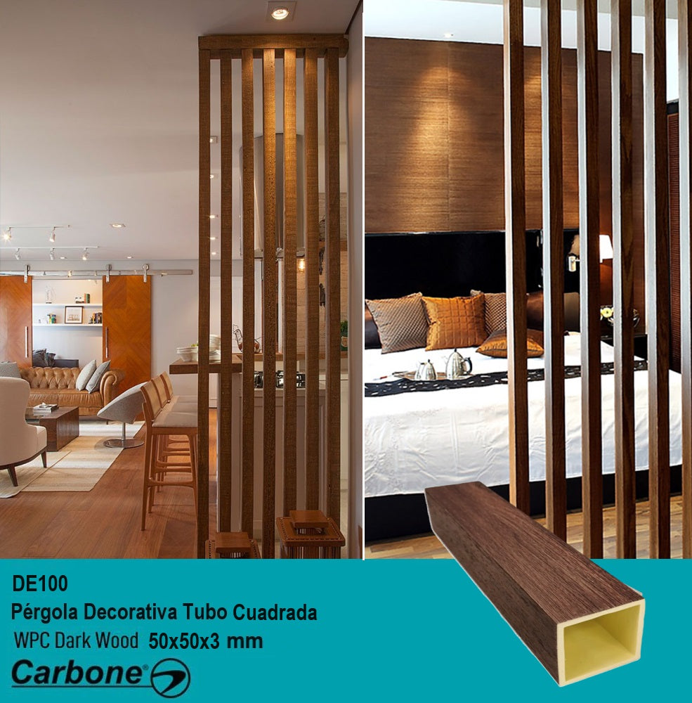 Pergola Decorativa Tubo WPC 2" x 2" Dark Wood Cuadrado 50x50x2900mm